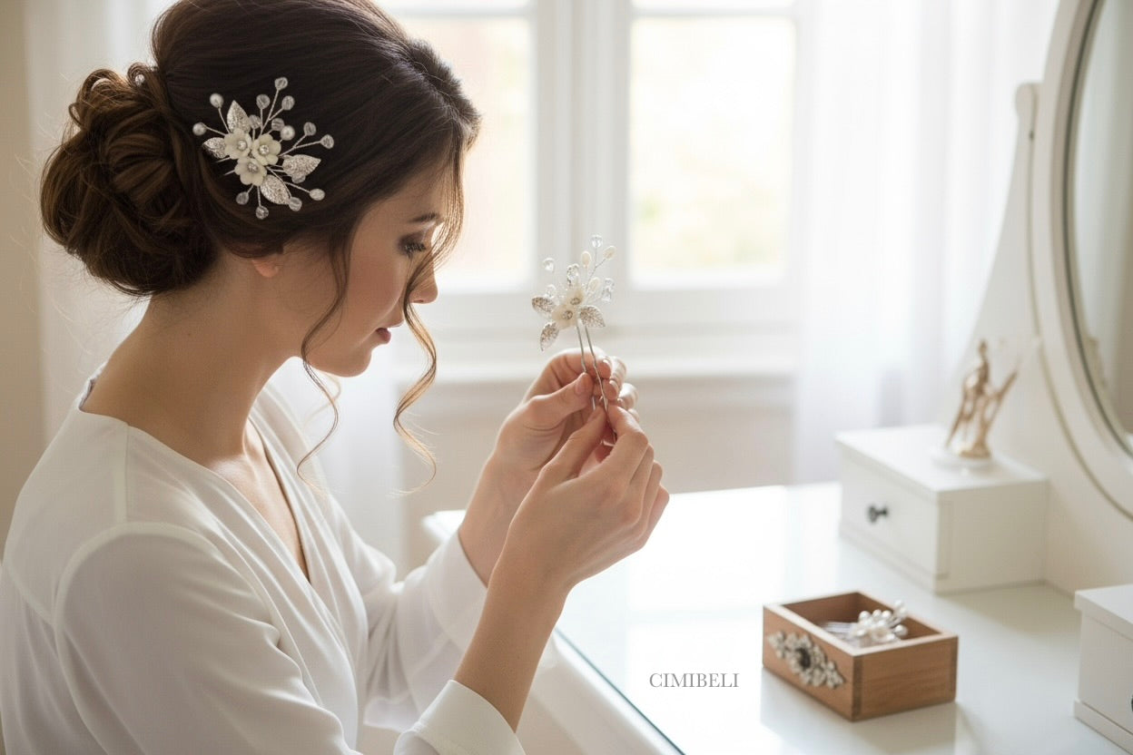 Épingles à cheveux de mariée fleurs en porcelaine froide(x3) 'Pear'