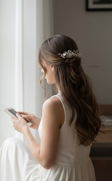 Peigne de mariée romantique fleurs en porcelaine froide et perles 'Linda'