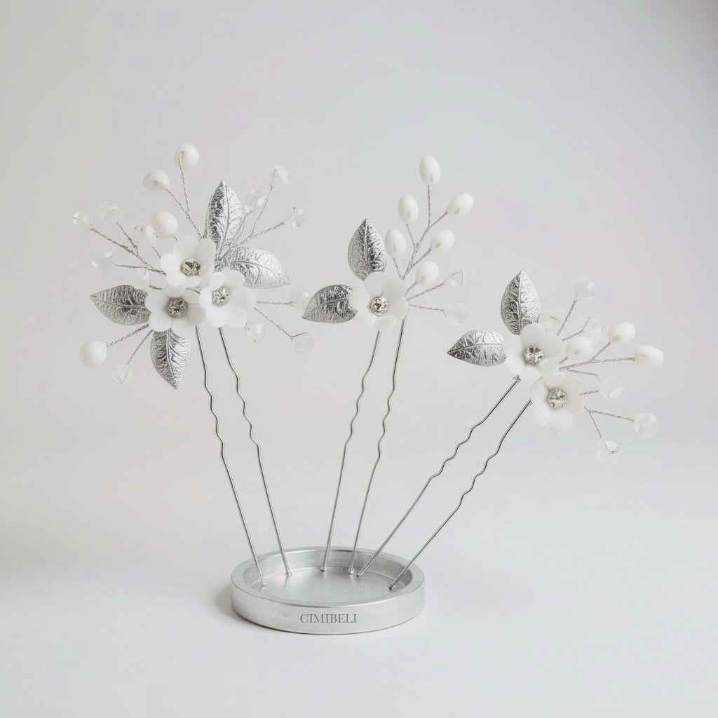 Épingles à cheveux de mariée  fleurs en porcelaine froide(x3) 'Pear'