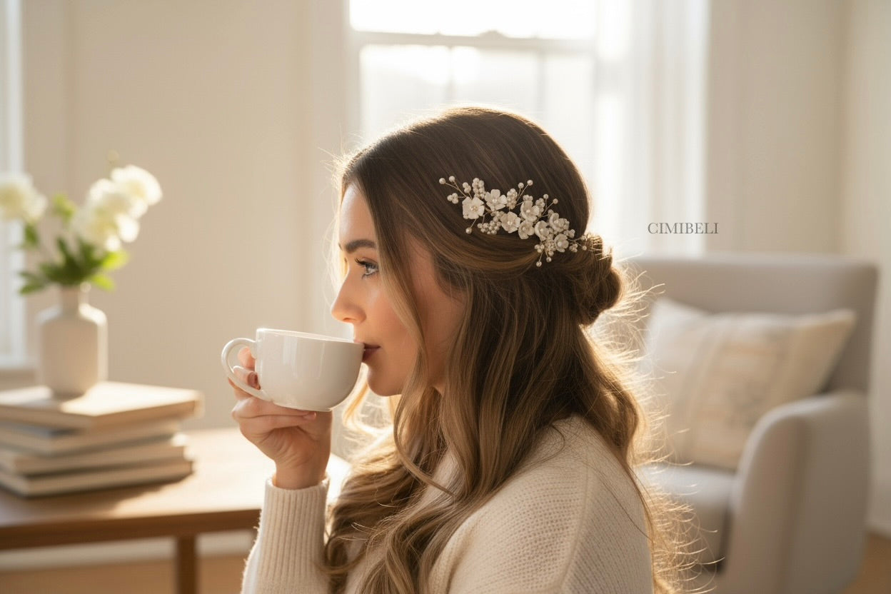 Peigne de mariée fait main avec fleurs en porcelaine froide et perles 'Grape'