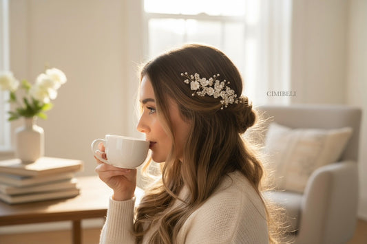 Peigne de mariée fait main avec fleurs en porcelaine froide et perles 'Grape'