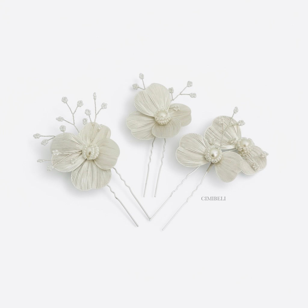 Épingle élégantes fleurs or rose en perles 3 pièces'Sara'