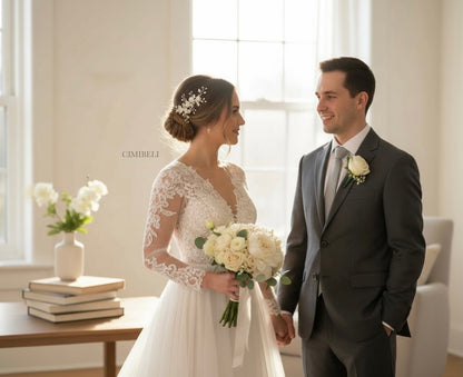 Peigne de mariée fait main avec fleurs en porcelaine froide et perles 'Grape'