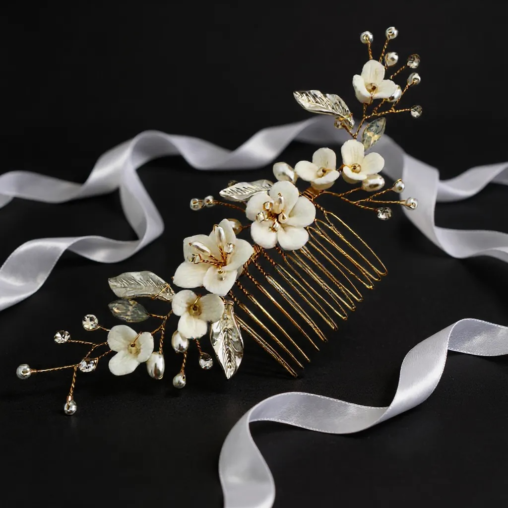 Peigne de mariée fleurs en porcelaine froide perles Opale 'Maya'