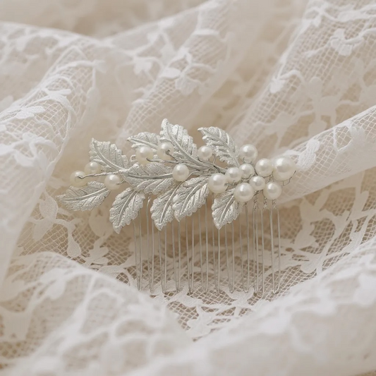 Peigne à cheveux perles et feuilles en argent "Arce"
