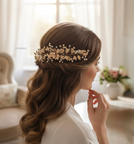 Peigne à cheveux feuilles doré 'Rowan'