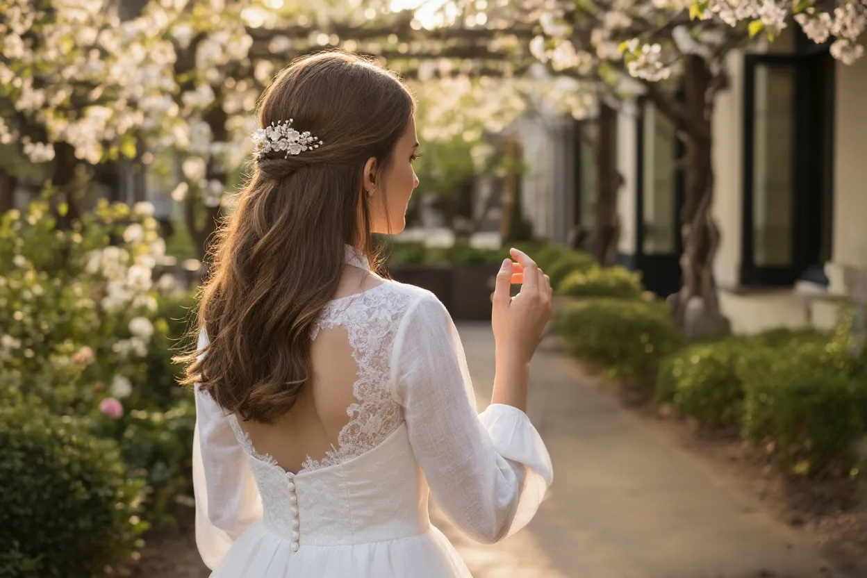 Peigne de mariée fait main avec fleurs en porcelaine froide et perles 'Grape'
