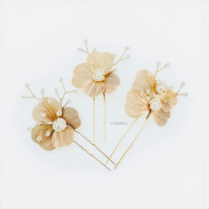 Épingle élégantes fleurs or rose en perles 3 pièces'Sara'