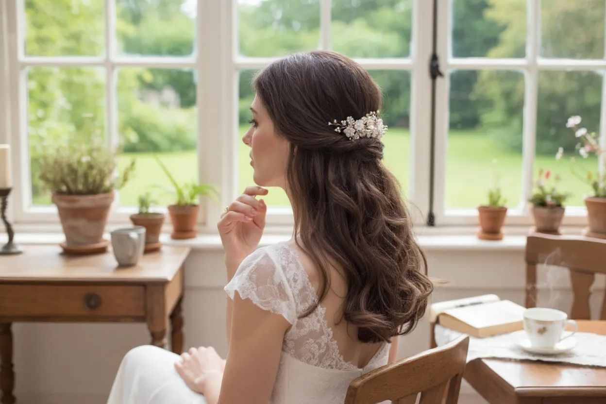 Peigne de mariée fait main avec fleurs en porcelaine froide et perles 'Grape'