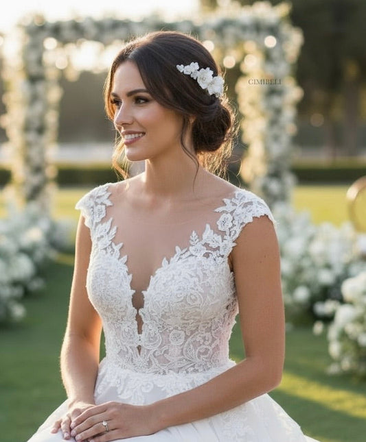 Peigne de Mariée en Fleurs de Porcelaine 'Hira'