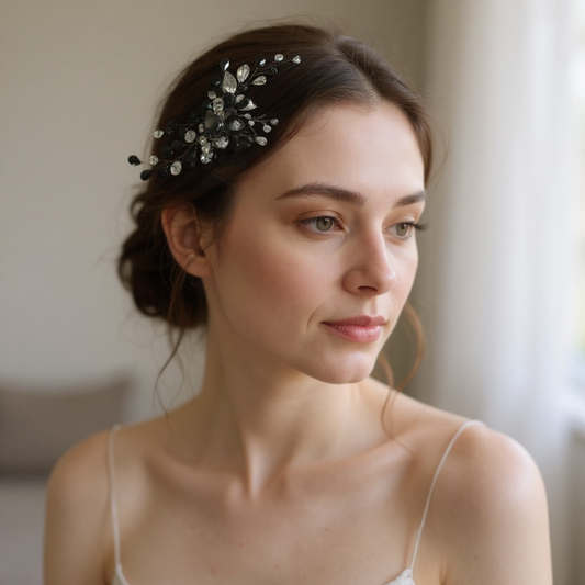 Peigne de cheveux mariée en cristal noir 'Lantana'